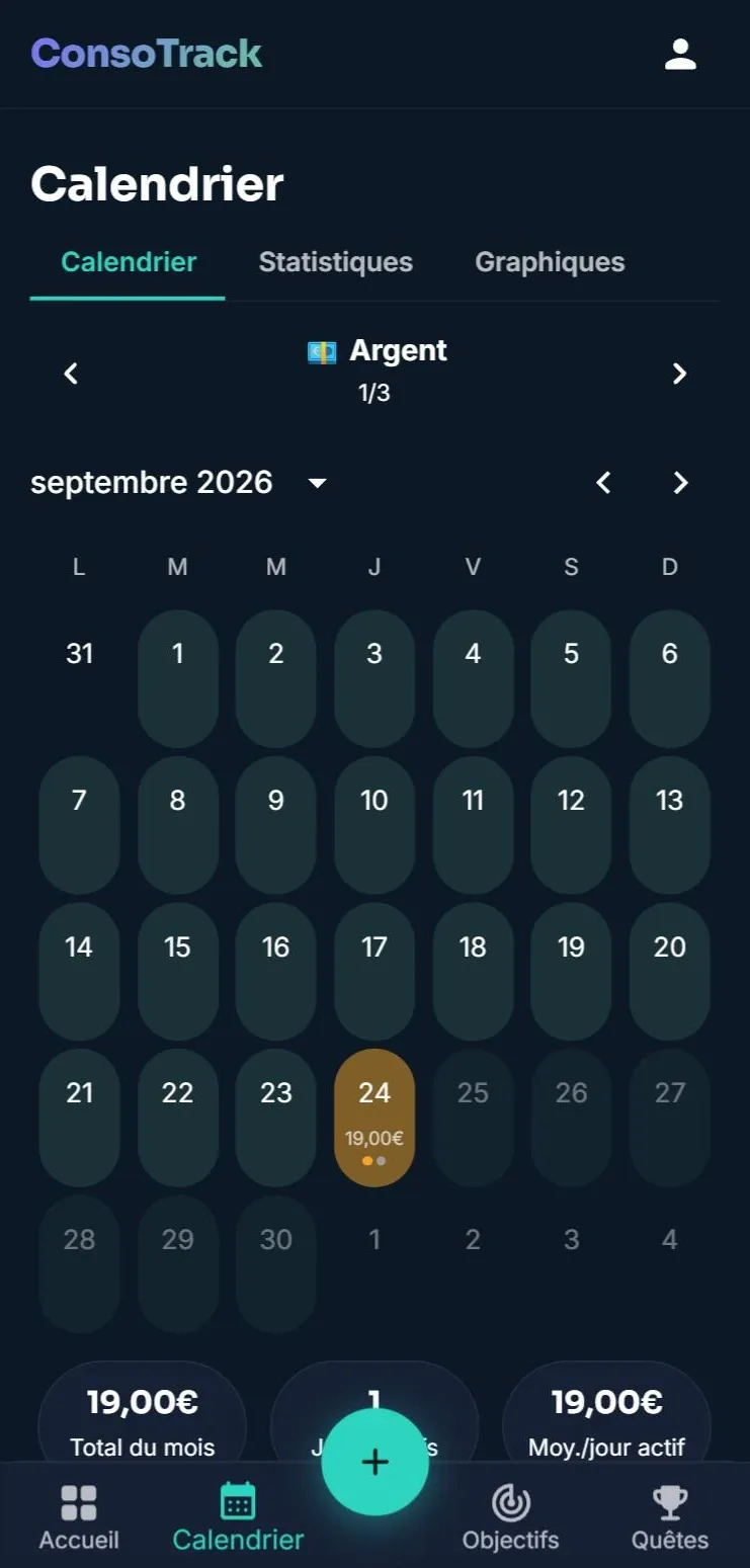 Écran Calendrier de l'app ConsoTrack, avec les jours de consommation du mois