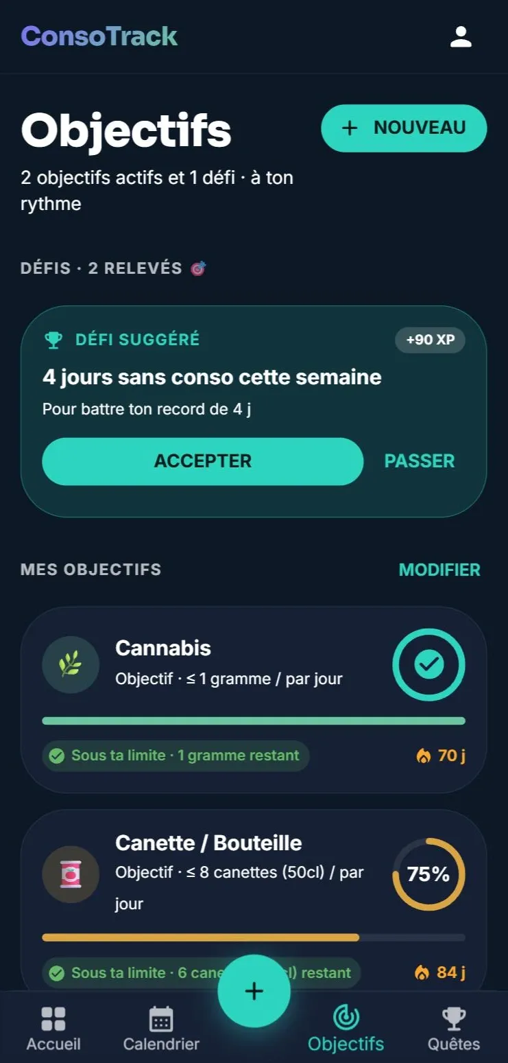 Écran Objectifs de l'app ConsoTrack, avec un défi suggéré et la progression de deux objectifs