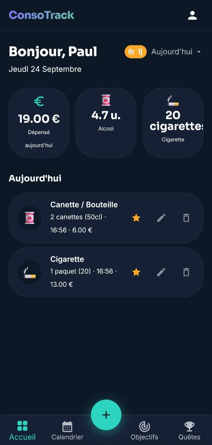 Écran Accueil de l'app ConsoTrack : dépenses et consommations du jour